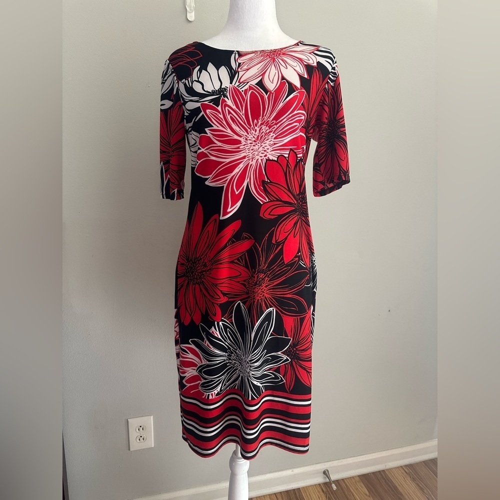 Vintage Karin Stevens Casual Office Jersey Dress Floral Print Red Size Small